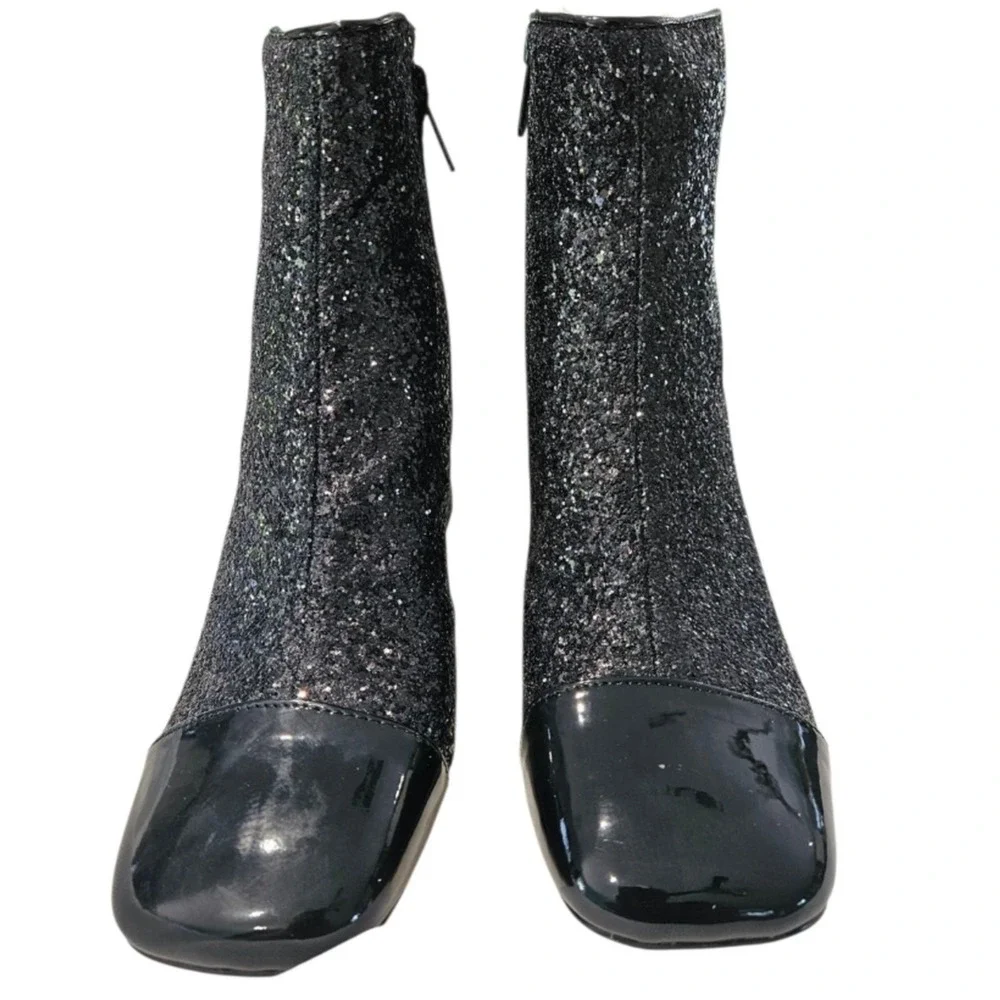 Black Glitter Ankle Boots Square Toe Block Heel Evening Party Sparkle Size 8M‎